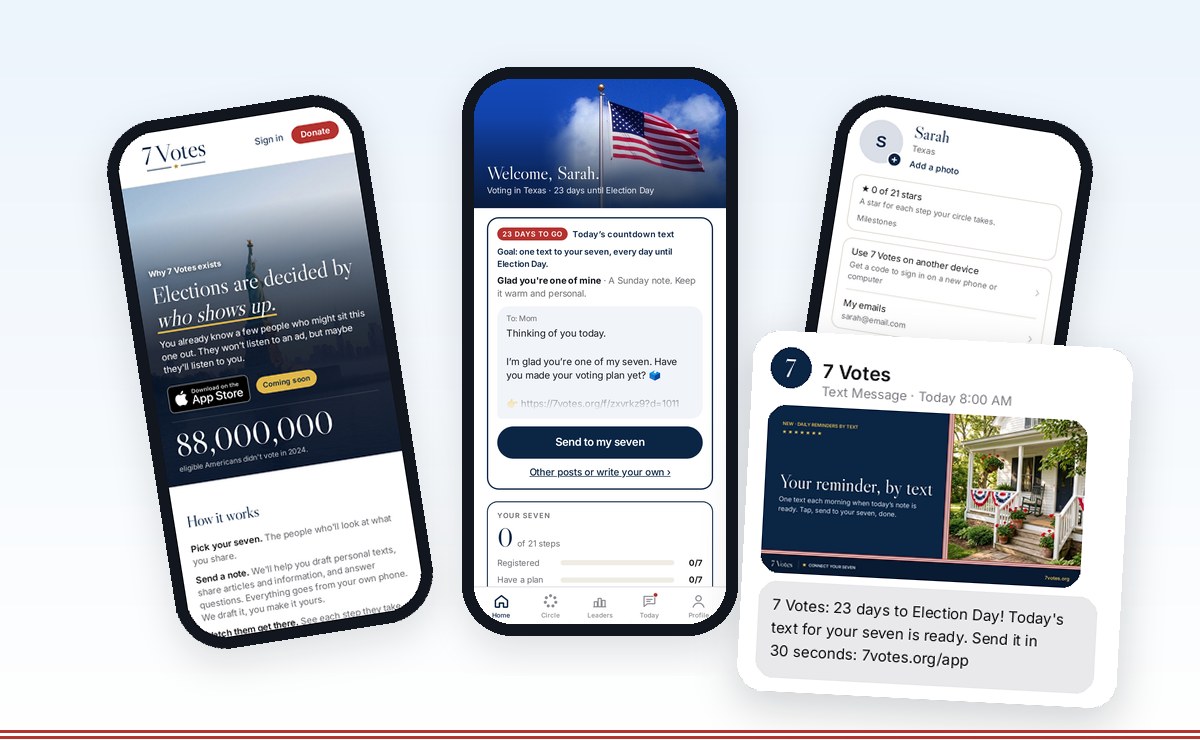 The 7 Votes app: home page, today's text, and the daily reminder